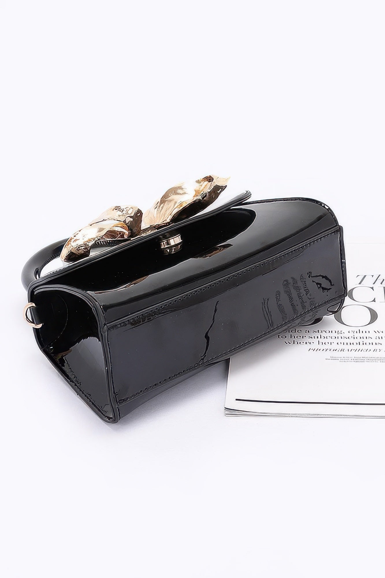 Faux Leather Metal Ribbon Top Handle Bag